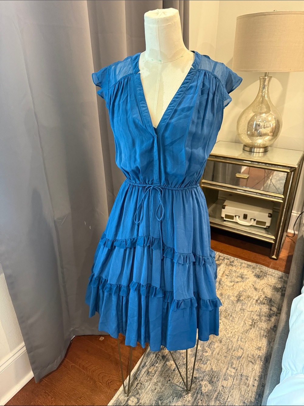 100% silk! Vibrant Blue Tiered V-Neck Mini Dress with Drawstring Waist